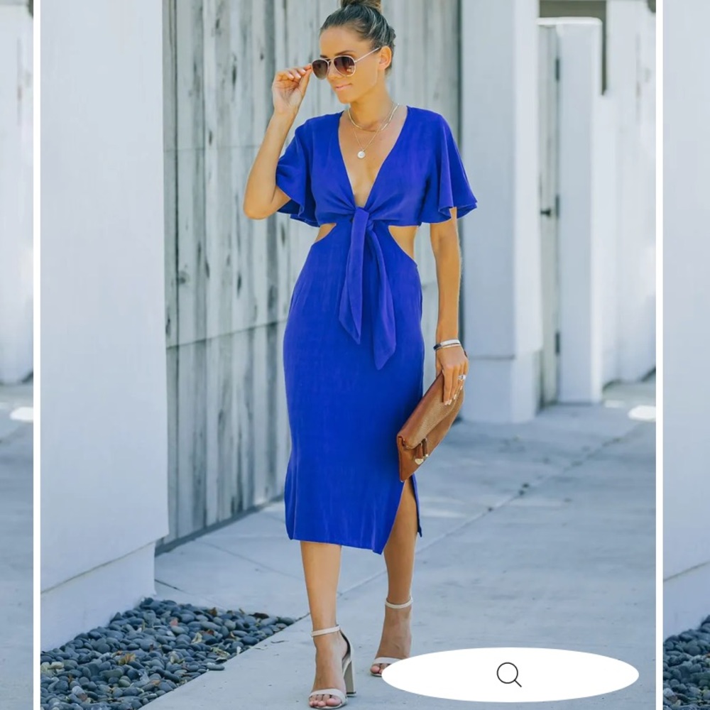 Linen Blend Tie Front Cutout Midi Dress